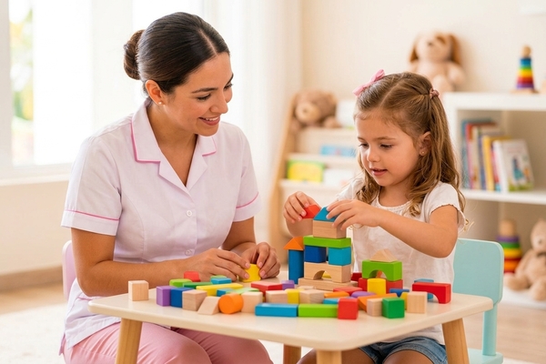 Niñera jugando con bloques junto a una niña